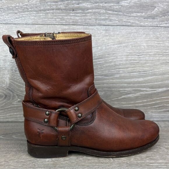 Frye Veronica Harness Short Women’s Sz 5.5B Cognac Zip Pull On Leather Boots - Picture 1 of 14